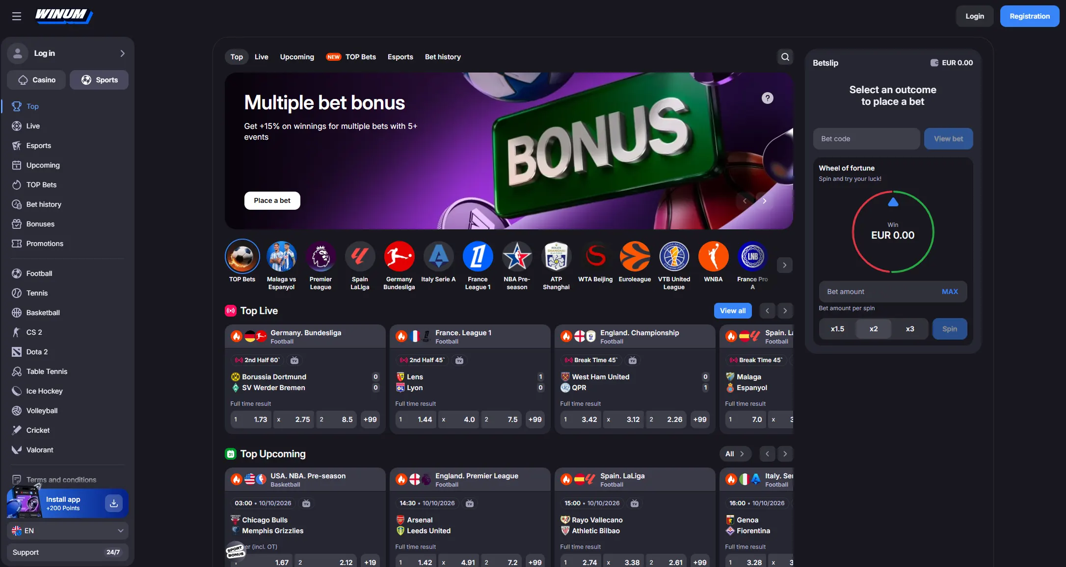 Provided Winum sports screenshot with league navigation and an empty betslip.